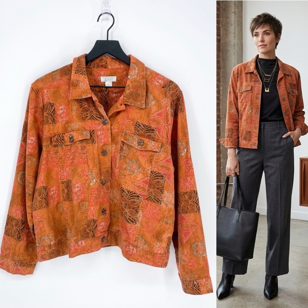 Christopher & Banks Y2K Abstract Tribal Linen Blend Button Down Top Orange Large - Picture 2 of 9